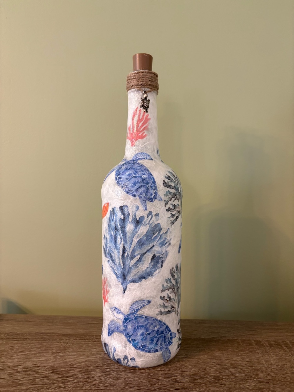 Decorated Bottles, Decoupaged Coastal Wine Bottle, Sea Turtle Coral Beach Decor